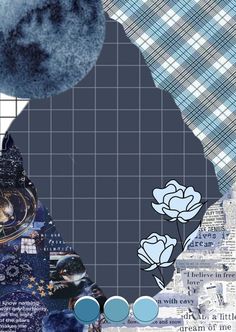 a collage of blue and white images with flowers in the middle, on top of newspaper pages