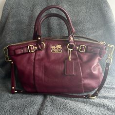 Coach Madison Satchel In Bordeaux, Hang Tag Has Been Monogrammed With Snowflakes, Handles Slightly Darker From Use, Has A Longer Shoulder Strap Bags Coach, Hang Tags, Red Purple, Coach Bags, Color Purple, Satchel, Shoulder Strap, Handles, Bag Lady