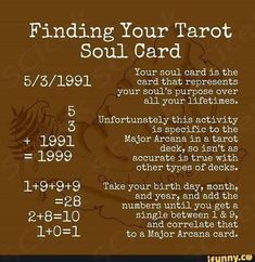 a card with numbers and symbols on it that says finding your tarot soul card