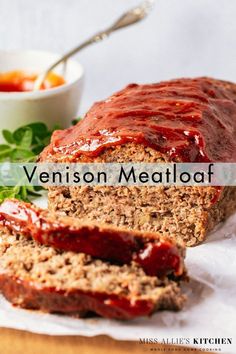 Venison meatloaf with 2 slices and the remaining loaf Venison Meatloaf Recipes, Deer Meatloaf, Venison Meatloaf, Elk Recipes, Venison Meat, Beef Meatloaf, Deer Recipes, Deer Meat Recipes, Deer Meat