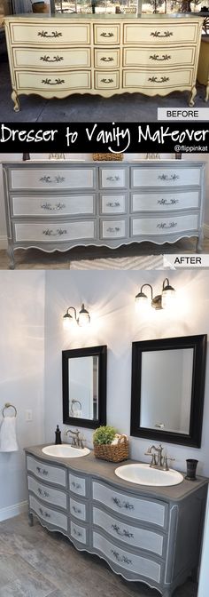 before and after photos of an old dresser turned into a vanity makeover with chalk paint