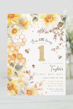 A cheerful yellow birthday invitation featuring floral designs, bees, and a festive theme for a first birthday celebration. My First Bee Day, Bee First Birthday Party, Bumble Bee Birthday Party, Bee 1st Birthday, Bee First Birthday, Bumble Bee Birthday, Bee Birthday Party, Bee Day, 1st Birthday Themes