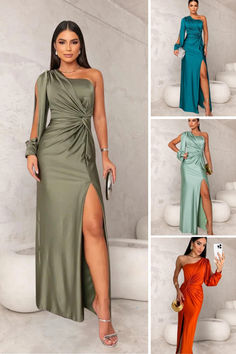 Unveil your inner diva with the Rebel Satin Dress, a masterpiece of elegance and allure. Designed to make you the center of attention, this dress features a stunning asymmetrical neckline and a draped sleeve that exudes sophistication. The silky satin fabric cascades gracefully over your figure, while the thigh-high slit adds a dash of sultry charm. Whether you're attending a formal event or an evening, the Rebel Satin Dress is your ticket to a show-stopping entrance. Party Dress With Split Design And Hem, Stretch Maxi Dress With Split For Party, Solid Color Party Dress With Split Hem, Solid Color Dress With Split Hem For Party, Stretch Maxi Dress With Split Hem For Parties, Elegant Split Maxi Dress, Elegant Solid Color Maxi Dress With Split, Green Split Maxi Dress For Party, Party Stretch Maxi Dress With Split Design