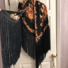 Gucci Black Floral Silk Long Fringed Triangular Shawl 1970s Made In Italy Gucci Orange, Shawl Black, Long Fringes, Silk Shawl, Gucci Accessories, Gucci Black, Orange Black, Black Floral, Scarf Wrap