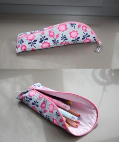 two pictures of pencils and pens in a pink flowered pouch on the floor