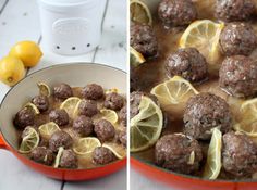 two pictures side by side one shows meatballs and the other shows lemons in a pan