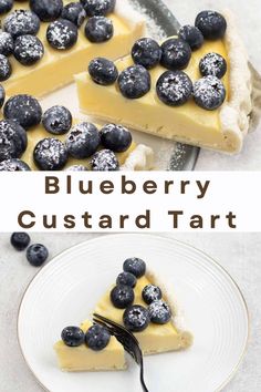 blueberry custard tart on a plate with a slice cut out and topped with powdered sugar