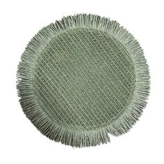 a round green rug with fringes on the top and bottom, against a white background