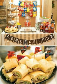 sandwiches on a plate with flags and condiments in front of the table at a sports themed birthday party