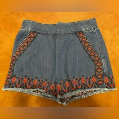 Nwot! Exquisite Embroidery That Makes These Shorts Stand Out. Very Nice Sturdy Material, Pockets On The Sides, And Overlap Flap In Back Under Zipper That Holds Shorts In Place. Embroidered Mid-rise Summer Pants, Embroidered Mid-rise Pants For Summer, Casual Embroidered Cotton Jean Shorts, Casual Cotton Embroidered Jean Shorts, Casual Embroidered Cutoff Shorts, High Waist Embroidered Blue Bottoms, Blue Embroidered High Waist Bottoms, Blue High Waist Embroidered Bottoms, Embroidered High Waist Cotton Jean Shorts