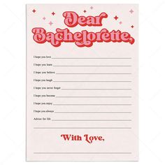 a valentine's day wish card with the words dear bachelor written in red on it