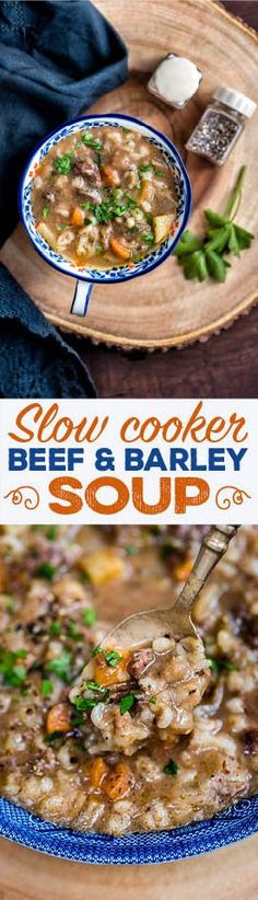 a bowl of beef and barley soup on a wooden plate with a spoon in it