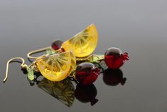 Lemon Pomegranate Summer Cherry Earrings - Etsy Elegant Orange Resin Jewelry, Gold Earrings With Fruit Design For Gift, Elegant Fruit Design Dangle Jewelry, Elegant Dangle Jewelry With Fruit Design, Summer Cherries, Cherry Earrings, Resin Charms, Clay Flowers, Glass Jewelry