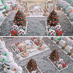 christmas trees and other decorations on display in a shop window, both decorated with fake snow