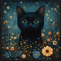 a painting of a black cat surrounded by flowers