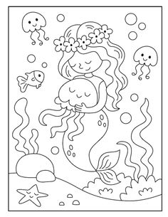 the little mermaid is swimming in the ocean with her friends coloring pages for kids, printable