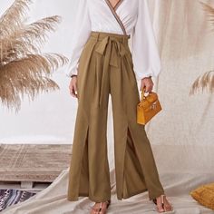 These Pants Are A Must Have! Size M But Would Likely Also Fit A S Size Xl Would Fit A 10 Or 12 Insanely Flattering... I Wish They Would Have Fit Me! Split Leg And Wide Flare With Bow Detail Fall Day Out Bottoms With Tie Waist, Fall Tie Waist Bottoms For Day Out, Fall Bottoms With Tie Waist For Day Out, Spring Straight Pants With Tie Waist, Split Pants, Leg Split, Split Legs, Type Of Pants, Colorful Boho