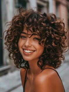 Haircut Ideas Blonde Hair, Chestnut Brown Highlights Curly Hair, Curly Hair Stacked Bob, Fall Hair Curly Natural Curls, Balayage Short Curly Hair Brunette, Curly Hair With Light Brown Highlights, Naturally Curly Long Bob, Rose Gold Highlights Curly Hair, Curls And Braids