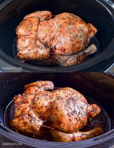 two pictures showing how to cook a chicken in the slow cooker