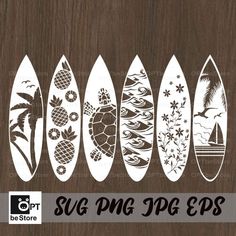 six surfboards with different designs on them and the words sug png epss