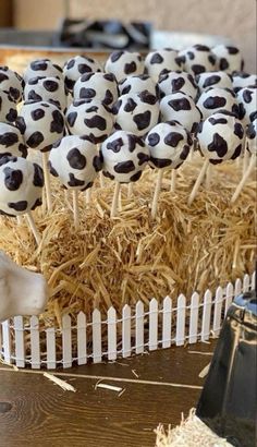 a table topped with cake pops covered in black and white soccer balls on top of straw