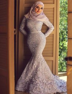 Advondjunk 2016 Robe De Soiree Muslim Light Blue Long Sleeve Hijab Long Gaun Peplum, Muslim Prom Dress, Elegant Hijab, Hijab Ideas, Baju Kahwin, Lace Mermaid Dress, High Neck Prom Dress, Muslim Evening Dresses, Muslim Dresses