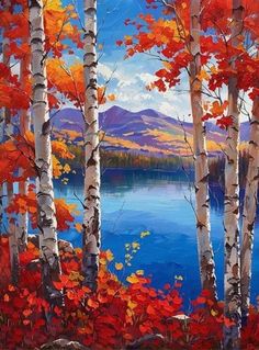 an oil painting of trees and water in the fall with red leaves on it's branches