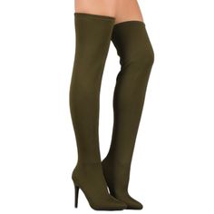 Anne Michelle Thigh High Boots Olive Green 7 Nwt Anne Michelle Elastane Pointy Toe Stiletto Over-The-Knee Boots Size 7 Green Knee-high Heeled Boots, Green Fitted Thigh-high Boots, Boots Olive Green, Knee Stretches, Stretch Boots, How To Stretch Boots, Thigh High Boots, Thigh High, Shoes Heels Boots