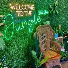 a chair sitting in front of a green wall that says welcome to the jungle