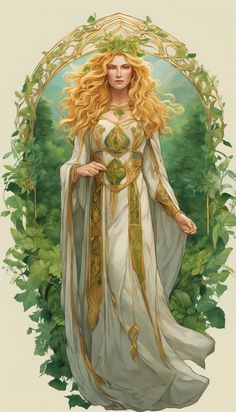 a woman with long blonde hair wearing a white dress and gold trimmings standing in front of green foliage