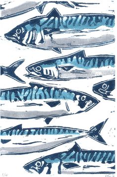 several fish are shown in blue and gray ink on white paper with watercolor paint