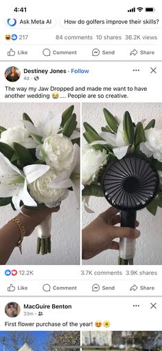 two pictures of flowers being held by someone