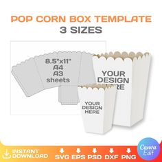 popcorn box templates with 3 sizes and 4 designs for your own design or print