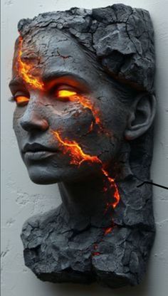 a sculpture with flames coming out of it's eyes and head, in front of a white wall