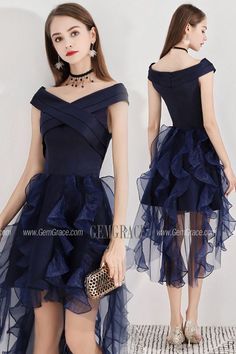 Navy Blue High Low Puffy Party Dress With Ruffles Navy Party Dress With Ruffles, Blue Ruffled Dress For Party Season, Navy Ruffled Dress For Party, Semi Formal Dresses Long, Homecoming Dresses Under 100, Dresses Semi Formal, Homecoming Dresses Blue, Navy Homecoming Dress, Strapless Chiffon Dress