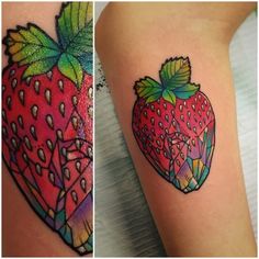 two pictures one with a tattoo and the other with a strawberry on it