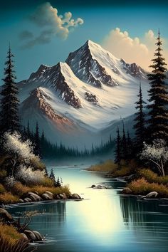 a painting of a snowy mountain with trees in the foreground and a river running through it