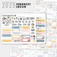 the happy planner stickers are shown on top of each other, with different designs