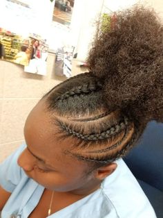 Braided Bun Natural Hairstyles, Puff Updo Hairstyles Black Hair, Braids Into Puff Natural Hair, Braided Puff Hairstyles Black Women, Natural Hair Styles Easy 4c Short Puff, Braided Puff Hairstyles, Cornrows With Afro Puff, Puff With Braids