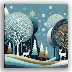 a painting of deer in the snow with trees and snowflakes on it's sides