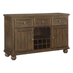 the sideboard is made out of wood and has two wine racks on one end