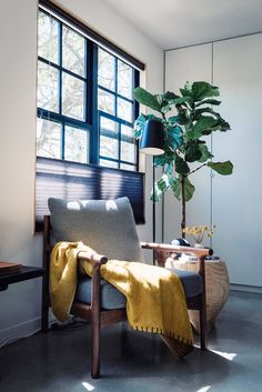 a living room with a couch, chair and potted plant next to a window