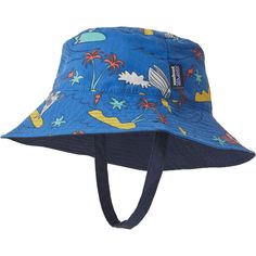 We plop the Patagonia Baby Sun Bucket Hat on our little one's head to get them ready for sun-filled adventures. This reversible hat has a full-wrap brim for total sun protection and a chin strap with hook-and-loop closure to keep it on our little one's head. Playful Adjustable Bucket Hat For Playtime, Adjustable Playful Bucket Hat For Playtime, Casual Bucket Hat With Upf 50+ For Playtime, Playful Adjustable Beach Hats, Casual Upf 50+ Bucket Hat For Playtime, Playful Adjustable Hats For Outdoor Activities, Blue Adjustable Hat For Playtime, Playful Blue Bucket Hat For Outdoor, Adjustable Blue Playful Bucket Hat