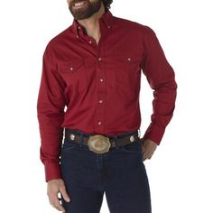 The Wrangler Mens Long Sleeve Western Button Down Lightweight Solid Twill Shirt has an authentic western back yoke and two spade shape flap pockets with buttons. Button adjustable cuffs hold sleeves in place when its time to go to work. Pair them with your favorite pair of Wrangler jeans. Size: L.  Color: Red.  Gender: male.  Age Group: adult. Denim Vest Style, Desert Dress, Basic Long Sleeve Shirt, Painted Desert, Western Style Shirt, Lined Denim Jacket, Wrangler Shirts, Cowboy Outfits, Big Clothes