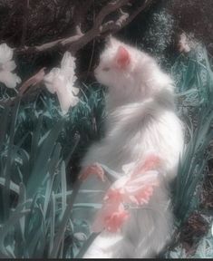 a white cat sitting on top of a lush green field next to flowers and trees