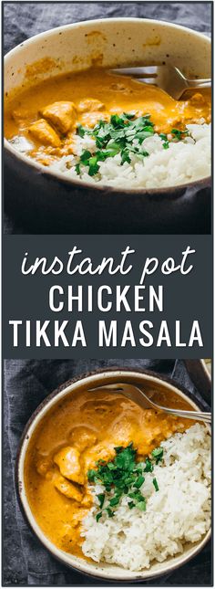 instant pot chicken tikka masala in a skillet with rice and cilantro