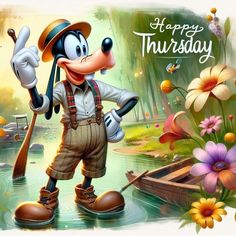 a mickey mouse cartoon character holding a fishing pole and wearing overalls, standing in front of flowers