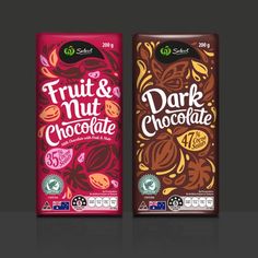 two bags of fruit and nut chocolate next to each other on a dark background,