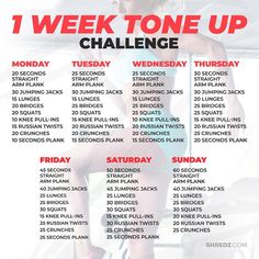 Tone Up Workouts, Full Body Workout Challenge, 7 Day Workout Plan, Teen Workout Plan, 7 Day Workout, Tone Body Workout, Summer Body Workout Plan, Workout For Flat Stomach, Quick Workout Routine