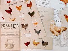 several different types of chickens on top of papers